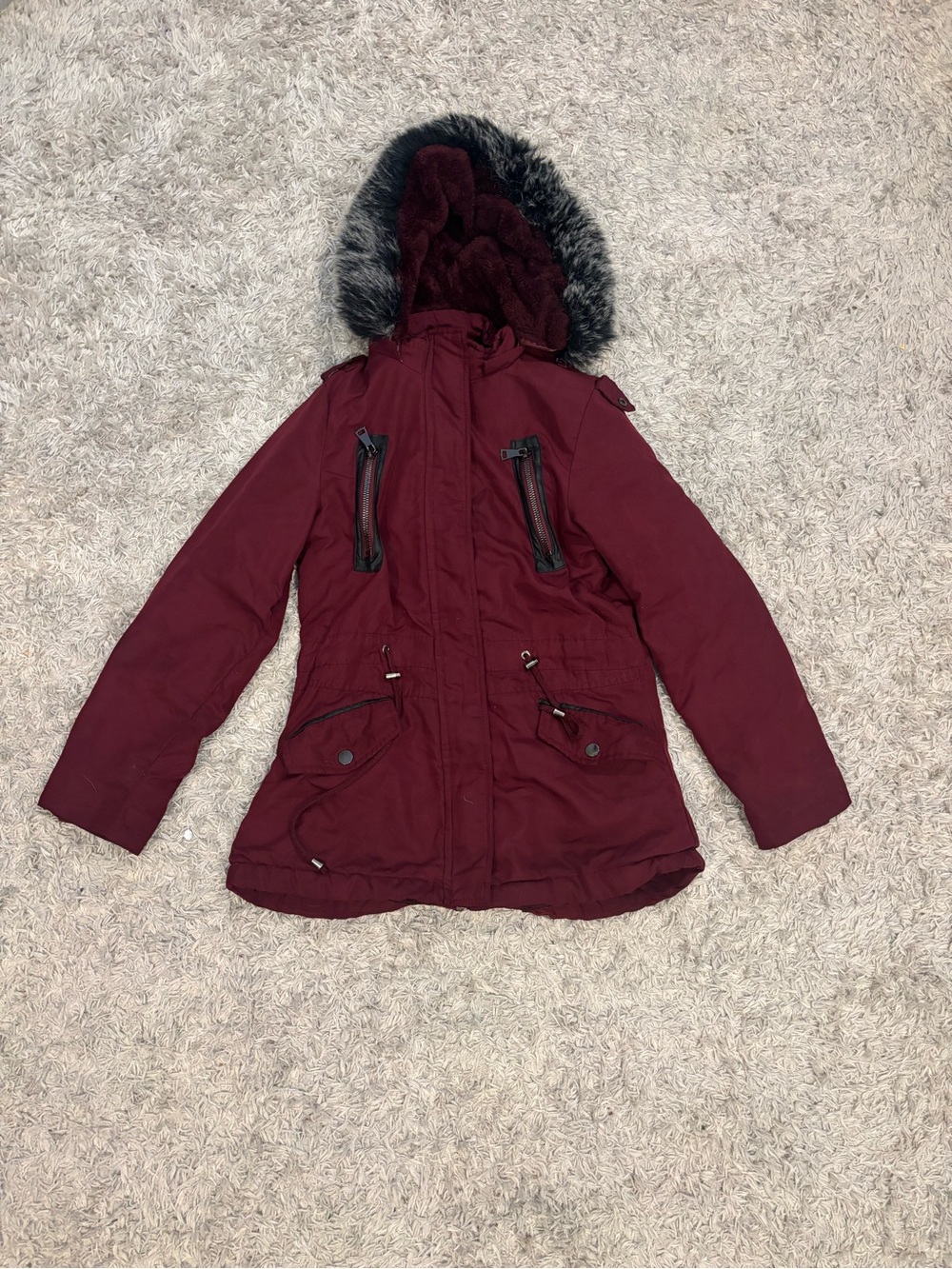 Women’s Maroon Hooded Parka with Faux Fur Trim